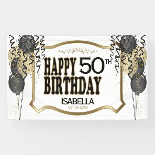 00番目の誕生日の名前と年齢 – 黒い風船 横断幕 (横)