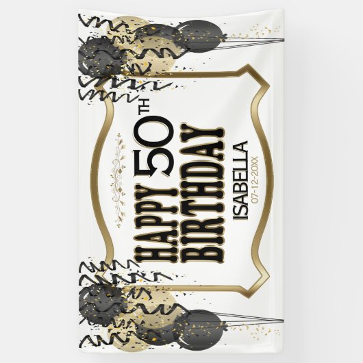 00番目の誕生日の名前と年齢 – 黒い風船 横断幕 (縦)