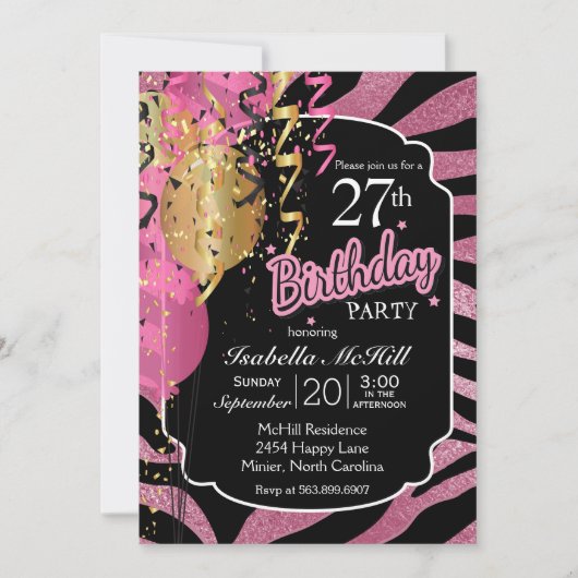 00誕生日 – ピンクと黒の縞模様 招待状 (正面)