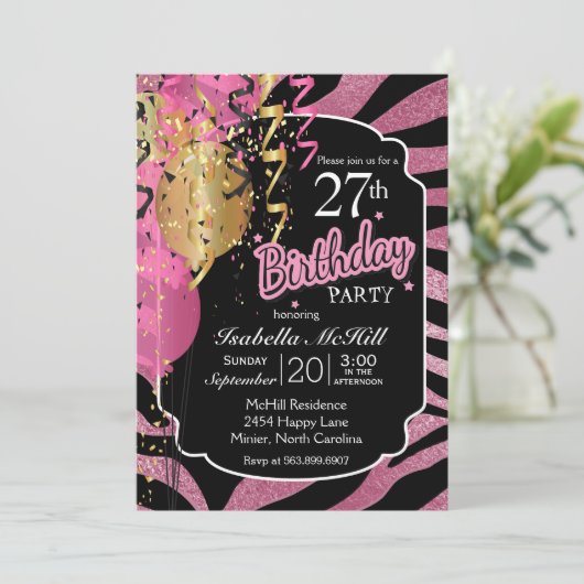 00誕生日 – ピンクと黒の縞模様 招待状 (スタンド正面)
