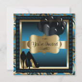 00誕生日|ブルー&金ゴールドハイヒール招待状 招待状 (正面)