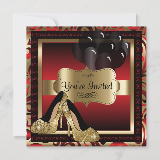 00誕生日|レッド&金ゴールドハイヒール招待状 招待状 (正面)