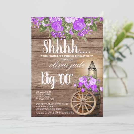 00誕生日 – 木筒と紫の花 招待状 (スタンド正面)