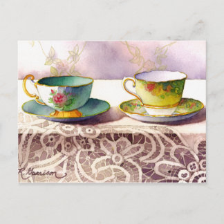 0001 Teacups on Lace Greetingポストカード ポストカード