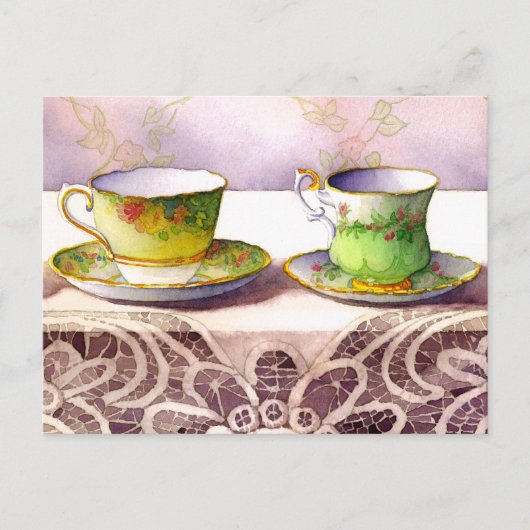 0001 Teacups on Lace Greetingポストカード ポストカード (正面)