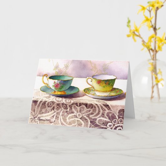 0001 Teacups on Lace Mother's DAy カード (黄色い花)