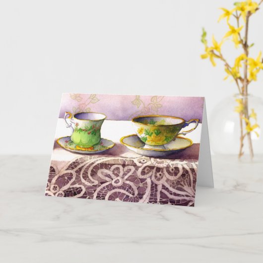 0001 Teacups on Lace Mother's Day カード (黄色い花)