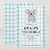 001 空色チェック柄のコアラ 1歳の誕生日招待状 招待状 (正面/裏面)