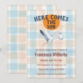 001 空 水彩チェック柄 コウテンチョウ ボーホー ベビーシャワー 招待状 (正面/裏面)