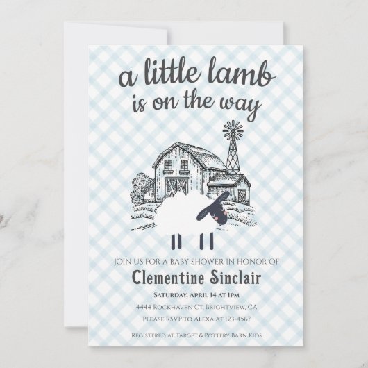 001 Sky Blue A Little Lamb Gingham Baby Shower 招待状 (正面)