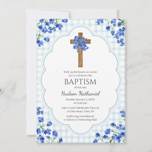 001 Sky Blue Blossom Rustic Cross Design Baptism 招待状 (正面)