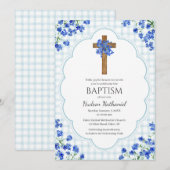 001 Sky Blue Blossom Rustic Cross Design Baptism 招待状 (正面/裏面)