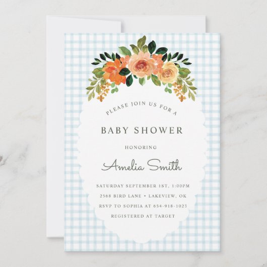001 Sky Blue Floral Gingham Baby Shower Invitation 招待状 (正面)