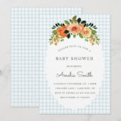 001 Sky Blue Floral Gingham Baby Shower Invitation 招待状 (正面/裏面)