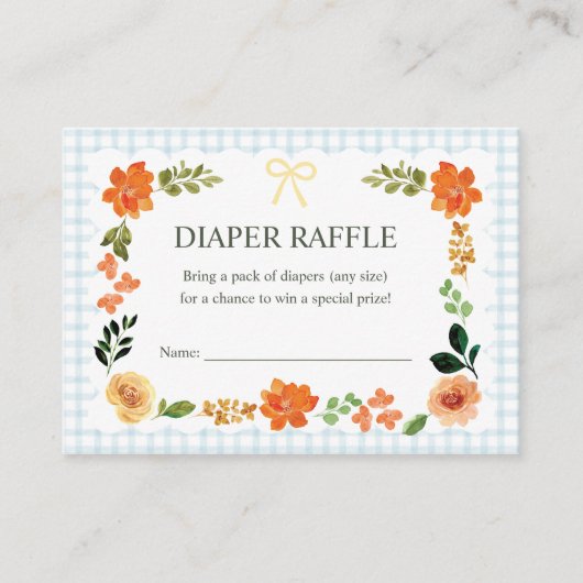 001 Sky Blue Gingham Baby Shower Diaper Raffle エンクロージャーカード (正面)