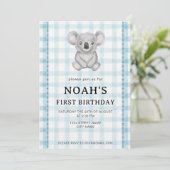 001 Sky Blue Plaid Koala 1st Birthday Invitation 招待状 (スタンド正面)