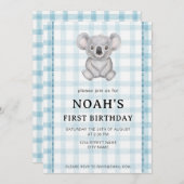 001 Sky Blue Plaid Koala 1st Birthday Invitation 招待状 (正面/裏面)
