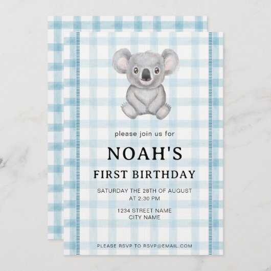 001 Sky Blue Plaid Koala 1st Birthday Invitation 招待状 (正面/裏面)