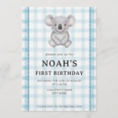 001 Sky Blue Plaid Koala 1st Birthday Invitation 招待状 (正面)