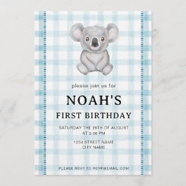 001 Sky Blue Plaid Koala 1st Birthday Invitation 招待状