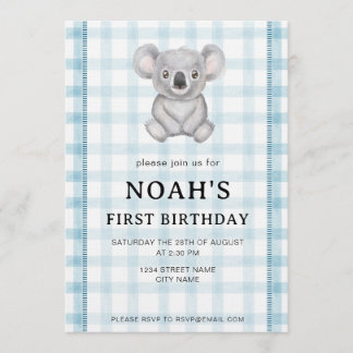 001 Sky Blue Plaid Koala 1st Birthday Invitation 招待状