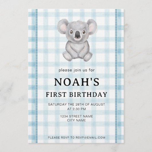 001 Sky Blue Plaid Koala 1st Birthday Invitation 招待状 (正面)