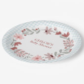 001 Sky Blue Wildflower Bow Frame Gingham ペーパープレート (アングル)