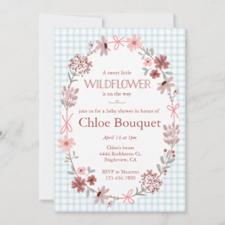 001 Sky Blue Wildflower Bow Frame on Gingham Baby 招待状