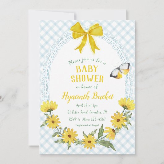 001 Sky Blue Yellow Daisy Bow Gingham Baby Shower 招待状 (正面)