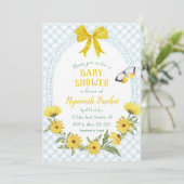 001 Sky Blue Yellow Daisy Bow Gingham Baby Shower 招待状 (スタンド正面)