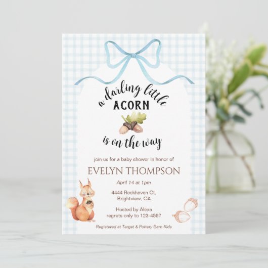001 Sky Squirrel Acorn Gingham Bow Baby Shower 招待状 (スタンド正面)
