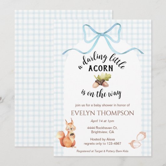 001 Sky Squirrel Acorn Gingham Bow Baby Shower 招待状 (正面/裏面)