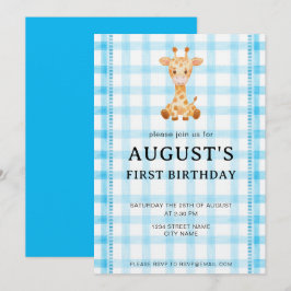 002 セルリアンブルー チェック ギラフ 誕生日 招待状