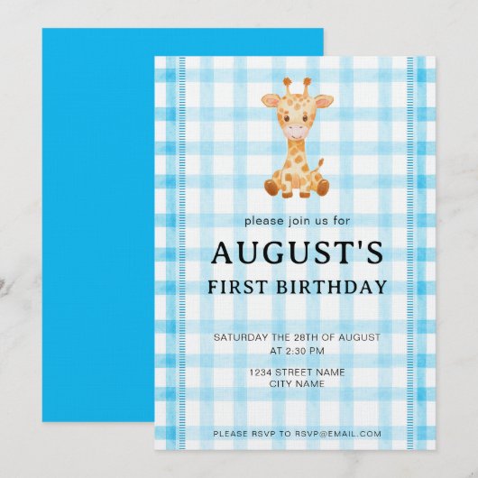 002 セルリアンブルー チェック ギラフ 誕生日 招待状 (正面/裏面)