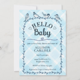 002 セルリアン ウォーターカラー ギンガム 鳥 ベビーシャワー 招待状