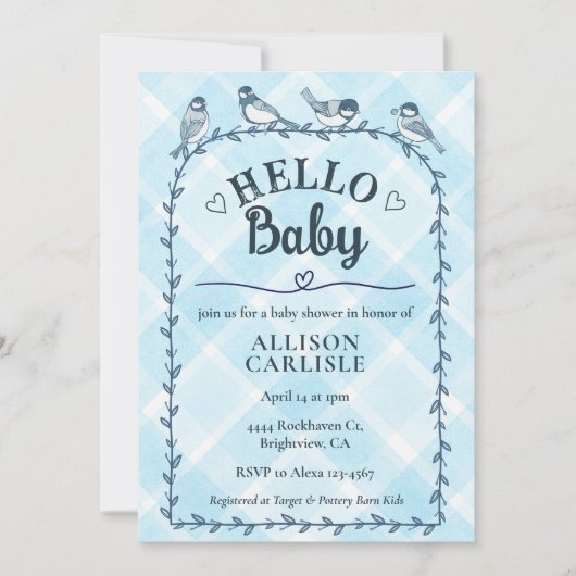 002 セルリアン ウォーターカラー ギンガム 鳥 ベビーシャワー 招待状 (正面)