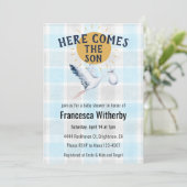 002 Cerulean 020 Fog Sun Plaid Stork Baby Shower 招待状 (スタンド正面)