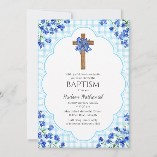 002 Cerulean Blossom Rustic Cross Design Baptism 招待状 (正面)