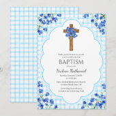 002 Cerulean Blossom Rustic Cross Design Baptism 招待状 (正面/裏面)