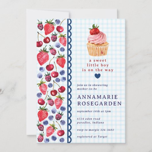 002 Cerulean Blue Berry Patch Cupcake Baby Shower 招待状 (正面)