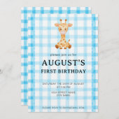 002 Cerulean Blue Check Giraffe Birthday Invite 招待状 (正面/裏面)