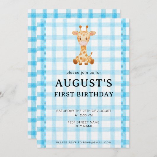 002 Cerulean Blue Check Giraffe Birthday Invite 招待状 (正面/裏面)