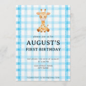 002 Cerulean Blue Check Giraffe Birthday Invite 招待状 (正面)