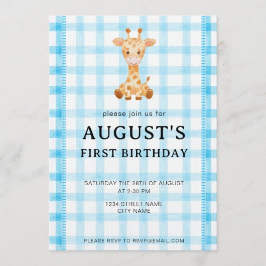 002 Cerulean Blue Check Giraffe Birthday Invite 招待状 (正面)