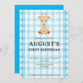 002 Cerulean Blue Check Giraffe Birthday Invite 招待状 (正面/裏面)
