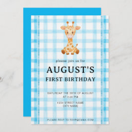 002 Cerulean Blue Check Giraffe Birthday Invite 招待状