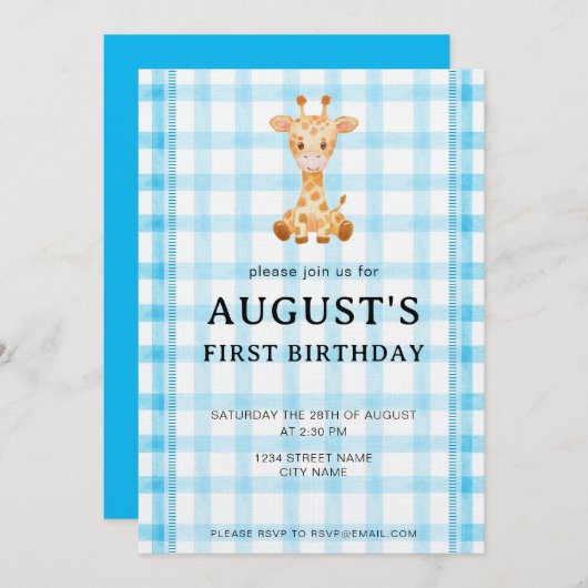 002 Cerulean Blue Check Giraffe Birthday Invite 招待状 (正面/裏面)