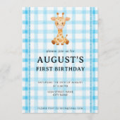 002 Cerulean Blue Check Giraffe Birthday Invite 招待状 (正面)