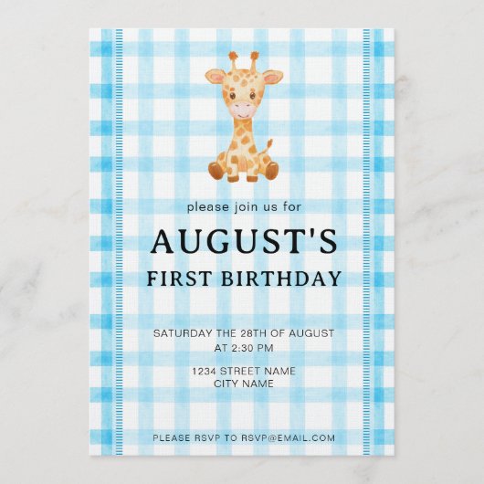 002 Cerulean Blue Check Giraffe Birthday Invite 招待状 (正面)