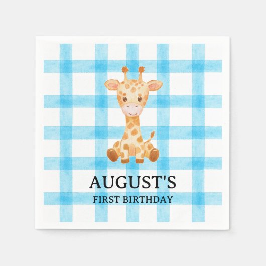 002 Cerulean Blue Check Giraffe Napkin スタンダードカクテルナプキン (正面)